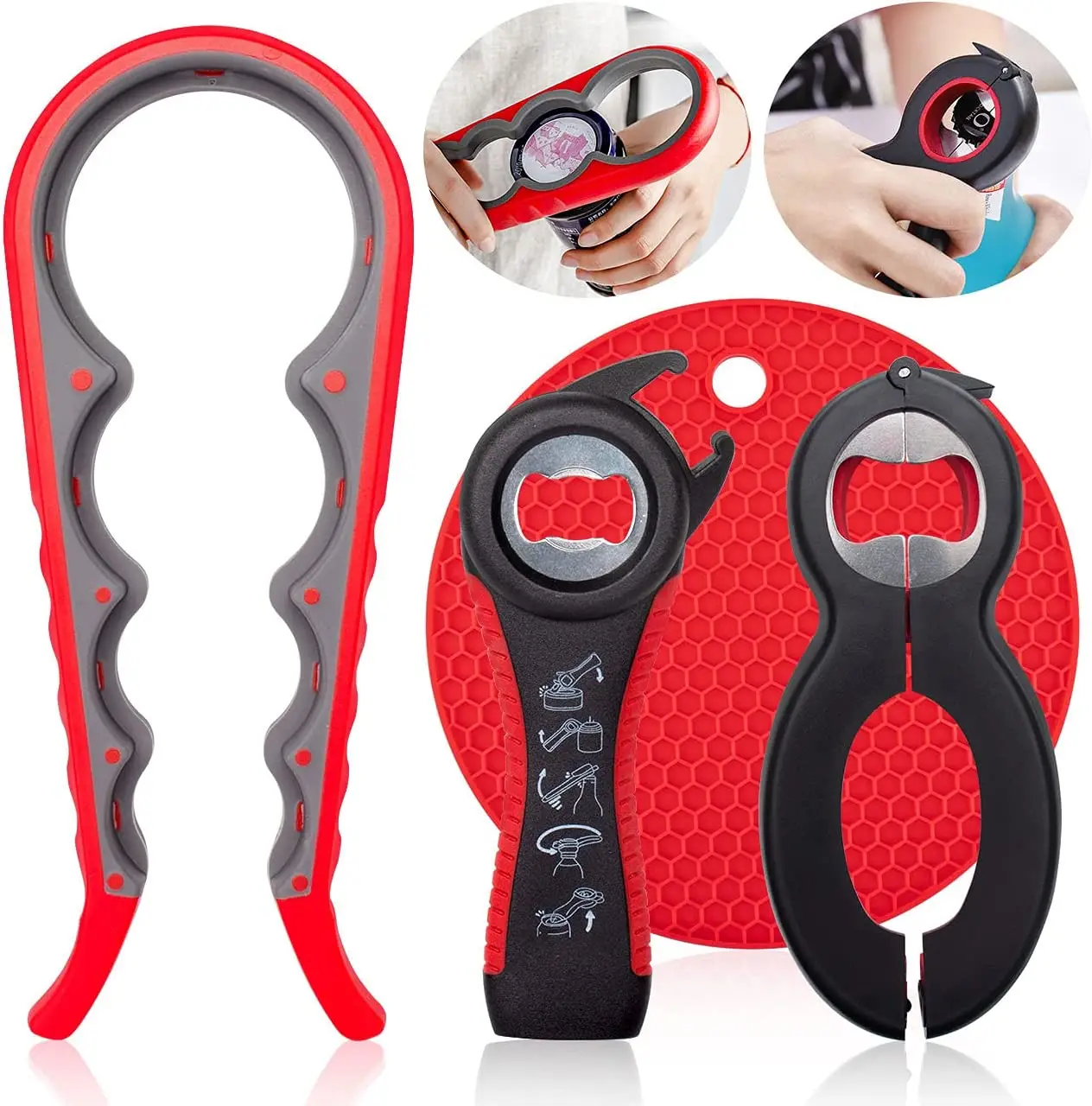 

Jar Bottle Opener Non Slip Jar Gripper Pad Rubber Jar Can Lid Opener 5 in 1 Multi Function Non-Slip Opener for 4-piece set