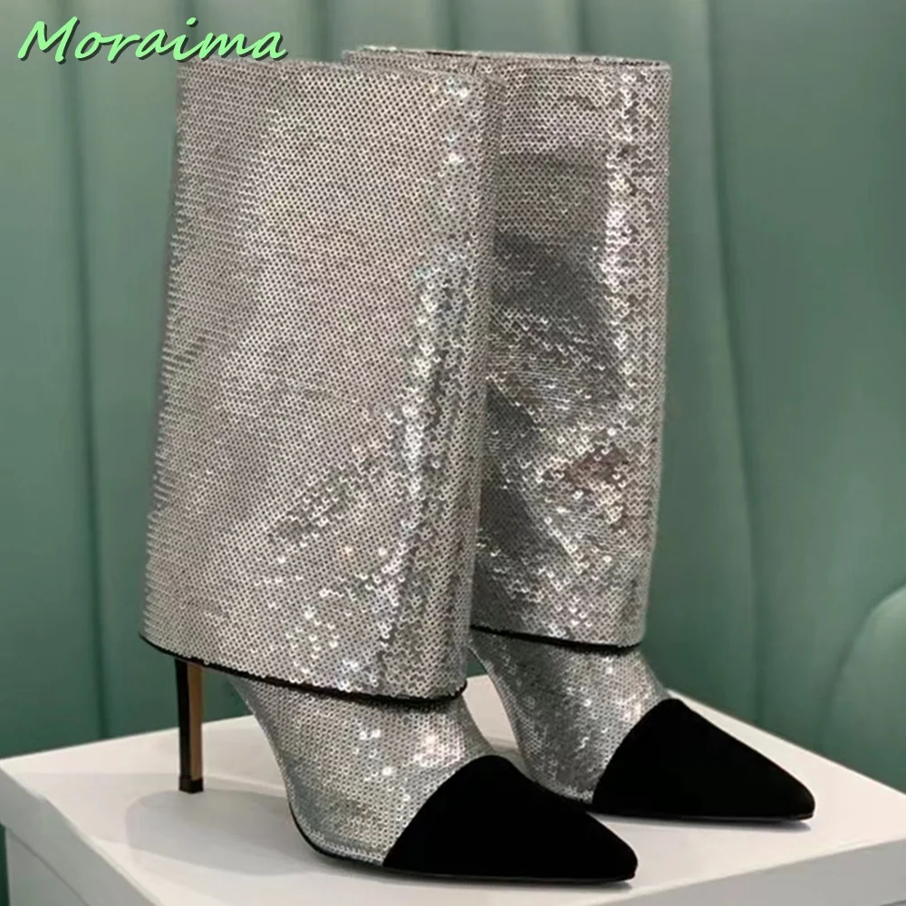 Sequins Pointed Toe Bling Trousers Boots Stiletto High Heel Stitching Slip On Solid Women Shoes Autumn Winter Runway Fashion New