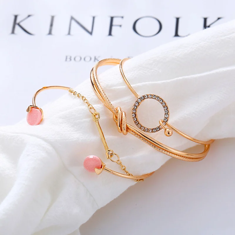 

Hot Sale Simple Personality Knotted Circle Diamond Arrow 4 Piece Set Bangle Bracelet Fashion Gold Plated Women's Jewelry