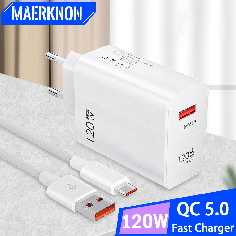 

120W GaN USB Charger Quick Charge 5.0 USB Phone Charger Adapter For iPhone Huawei Samsung Xiaomi QC 3.0 EU/US Plug Wall Charger