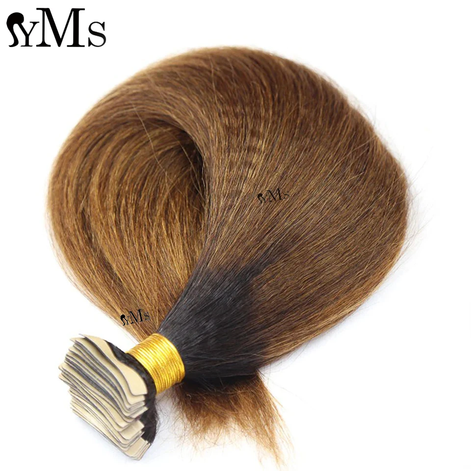 

Ombre Brown 1B/30 Yaki Straight Tape In Hair Extensions YMS Full Head Brazilian Kinky Straight Invisible Tape Ins Hair Bundle