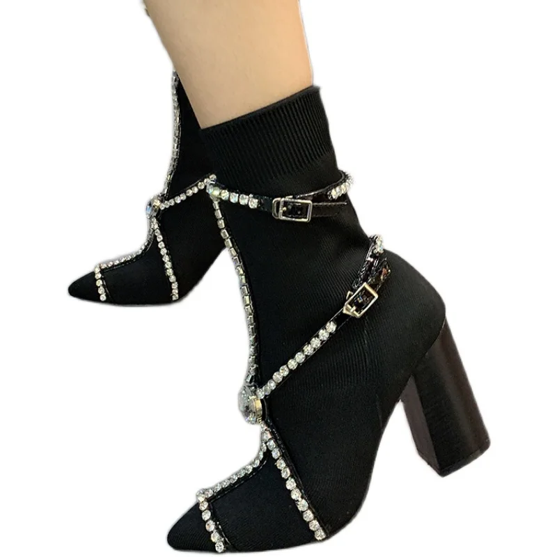 Women Rhinestone Pointy Toe Elastic Booties Fashion Mid-calf Chunky High Heel Knitted Wool Boots Gladiator Chain Diamond Shoes