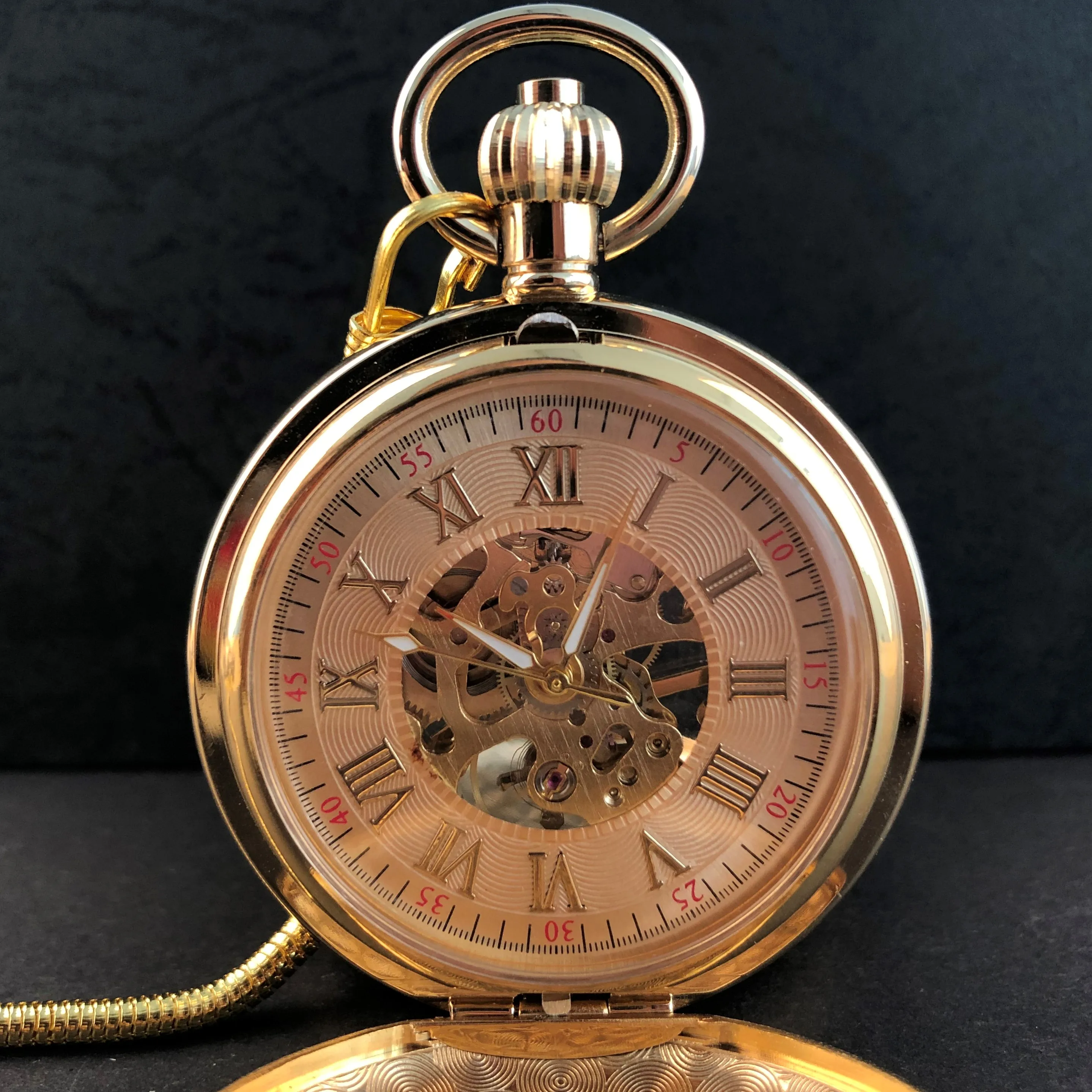 Vintage Gold 2 Sides Open Case Pocket Watch Mechanical Hand-winding Mens Women Pocket Watches Pendant with Chain Clock