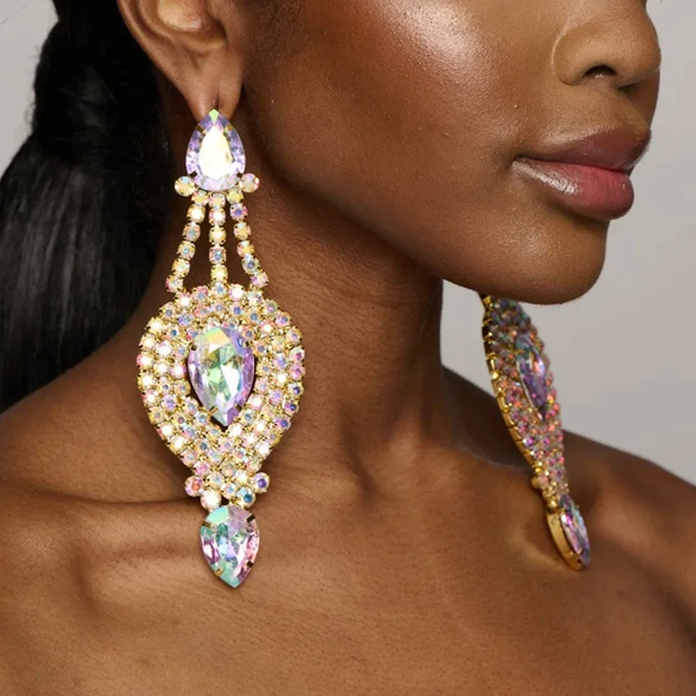 

Stonefans Long Elegant Gemstone AB Color Crystal Earrings Luxury Statement Stud Earring for Women Stage Performance