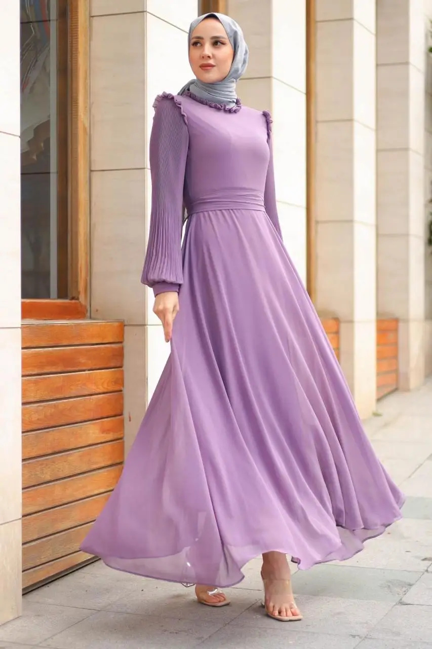 

Hijab evening dress pleat detaylı chiffon fabric lining long hijab evening dress frilly shoulder and collar elegant women's fashion