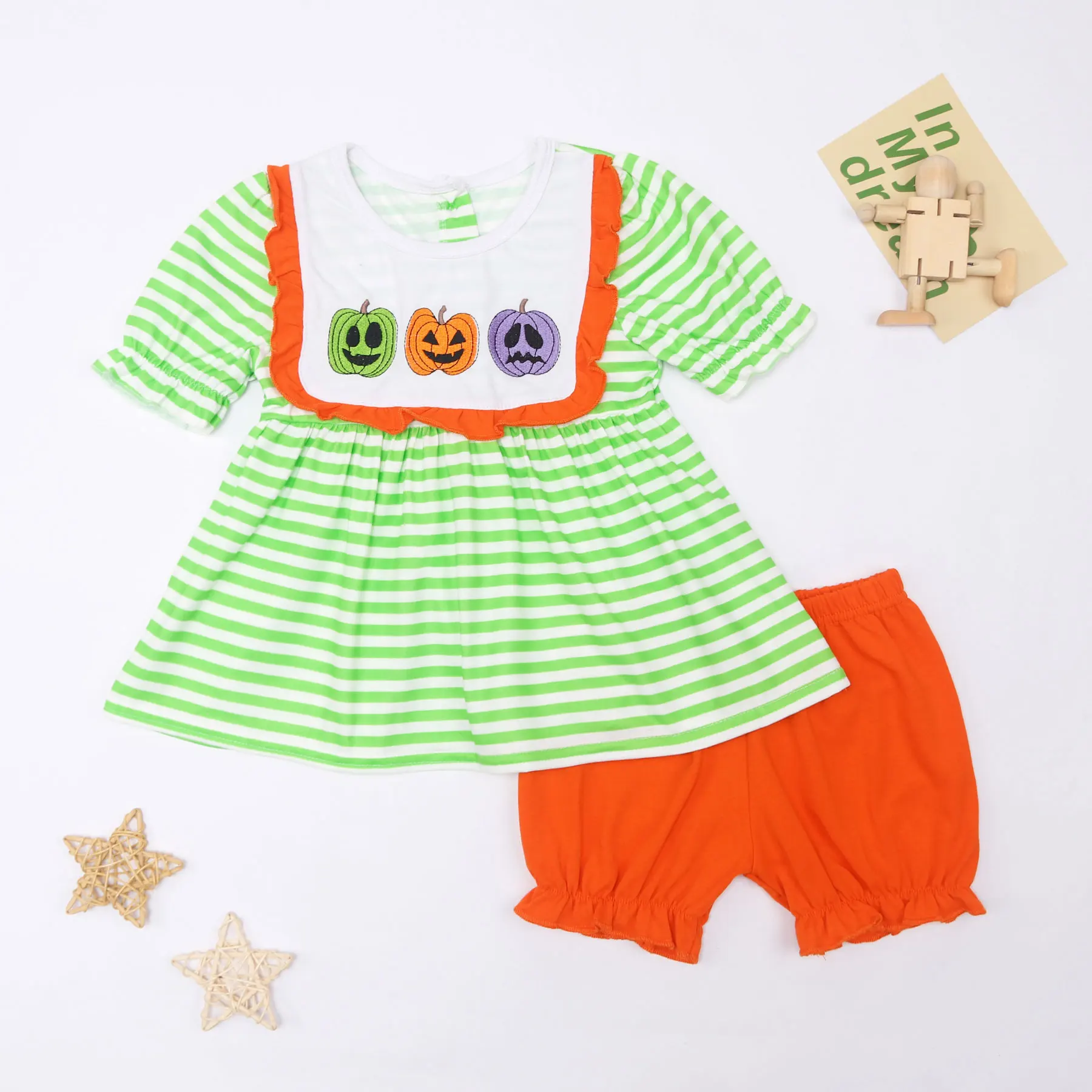 

New Summer Style Baby Girl Clothing Halloween Children Boutique Green Outfit Cotton Pumpkin Grimace Orange Cute Set