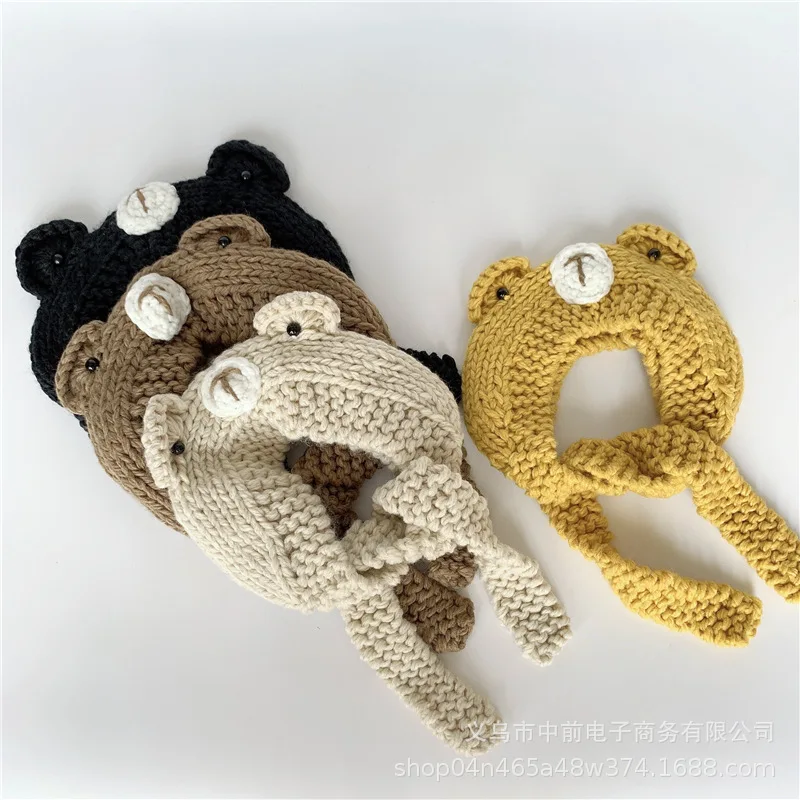 

INS cute bear knitted wool hair band Headband child baby solid color warm Outside autumn winter hair accessories handmade