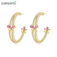 luoteemi big stud earrings pink and yellow cubic zirconia flower fashion hoop brincos jewelry for women party christmas gift