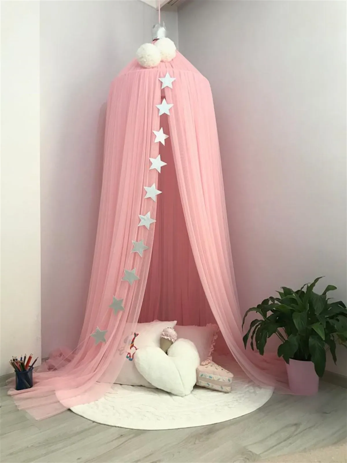 Jaju Baby Kids/Baby Pink Color Pompom and Star Tulle Mosquito Net