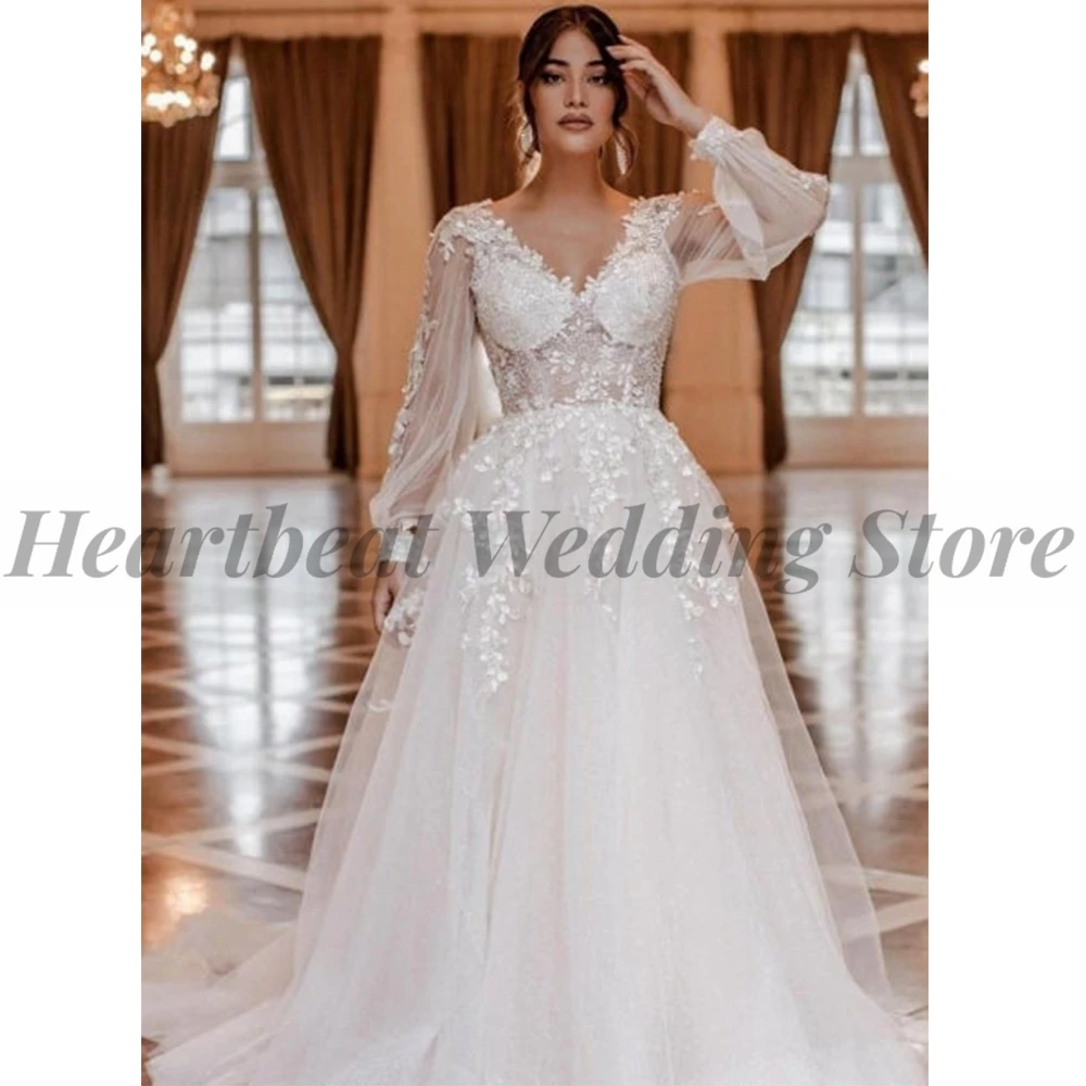 

A-Line Awesome 2023 Wedding Dress for Brides with V-Neck Long Sleeve Backless Court Train Applique Sequins Beads Robe De Mariee