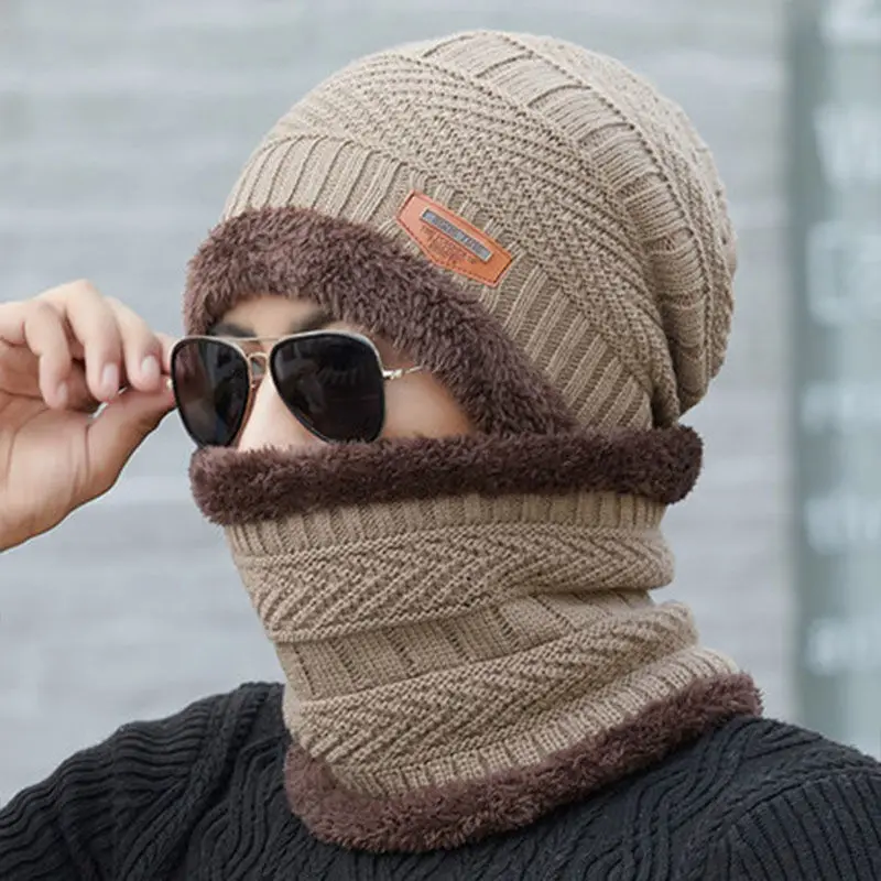 

2pieces Mens Winter Beanie Hat Fleece Lined Scarf Set Knit Stretch Skull Cap Beanie Hat for Men
