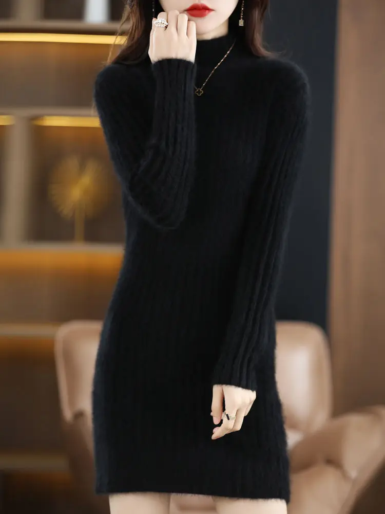 Женский длинный норковый кашемировый вязаный пуловер-свитер с высоким воротом и