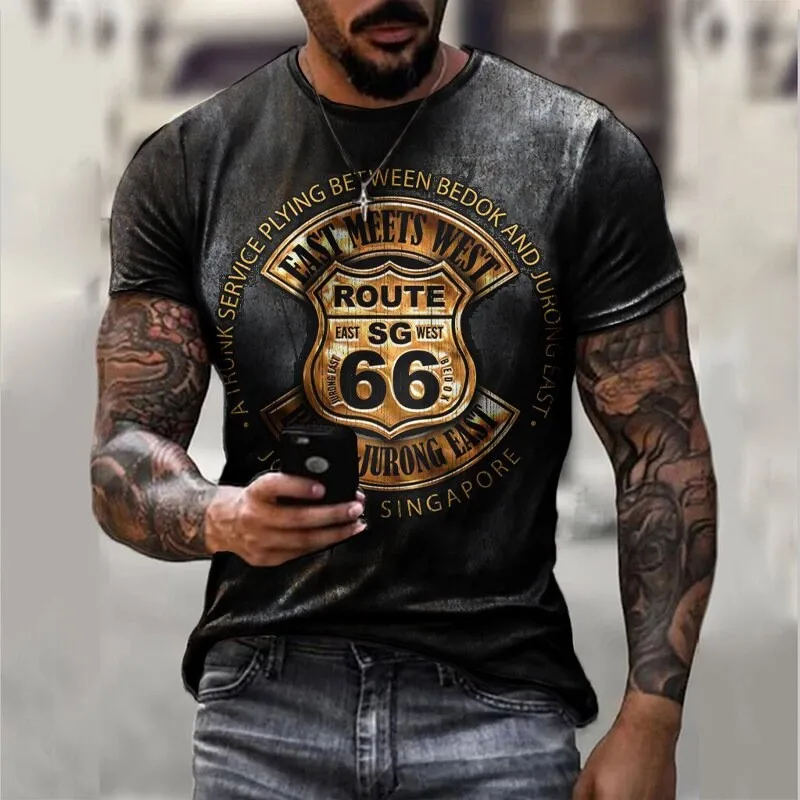 Summer new letterhead 3D Printed Short sleeve Shirt Route 66 Men's T-shirt round neck pullover extra large short sleeve