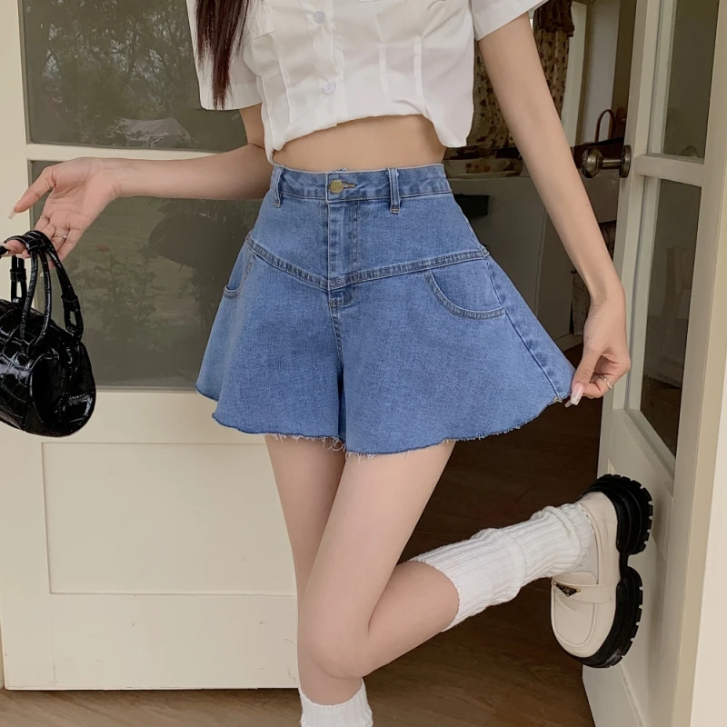 Women's Y2K Clothes Vintage New Flared Pants Skirt Leisure Skinny Wide Leg Ruffle Denim Shorts Summer 2023 Korean Style Fashion