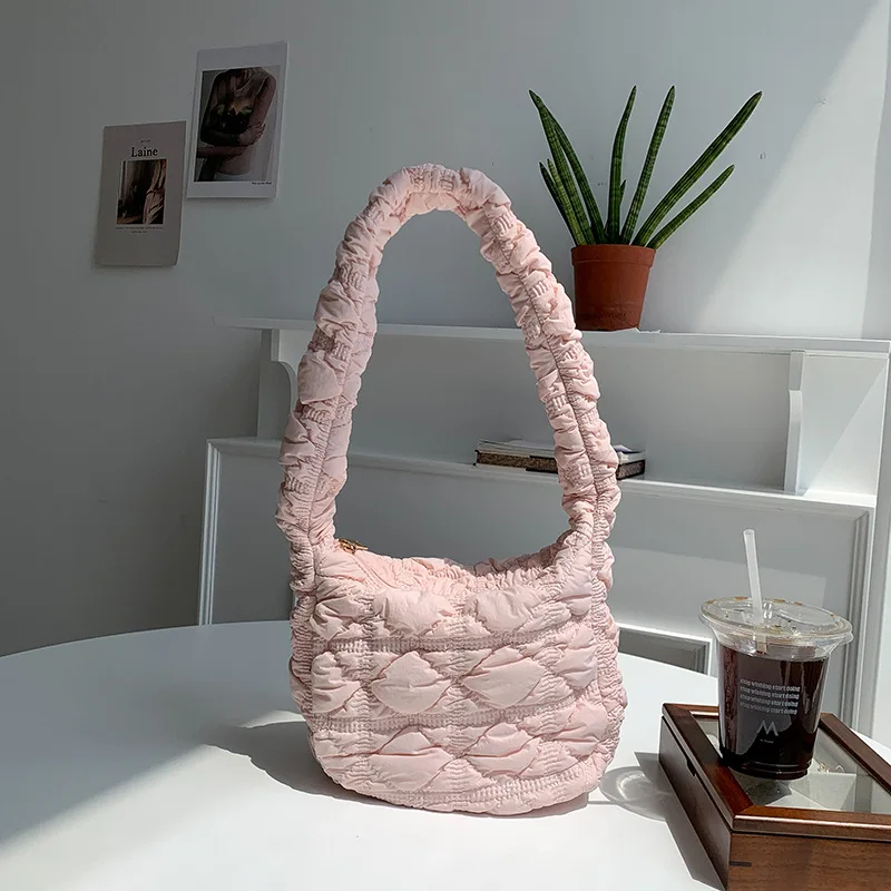 New Khaki Plaid Shopping  Bag Casual Simple Shoulder Bag Sweet Pink Female All-match Handbag Soft Pleated Puff Ladies Cloud Bag