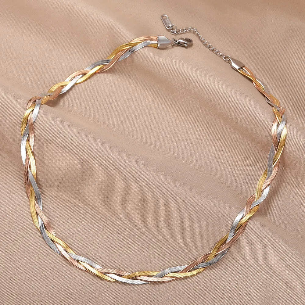 

Tricolor Snake Chain Necklace For Women Flat Snake Chains Twist Choker Waterproof Braided Link Woven Herringbone Chain Jewelry