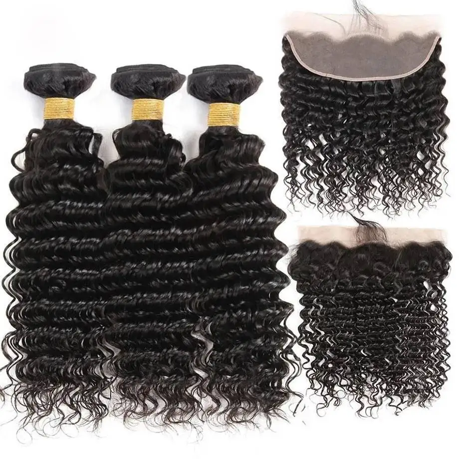 

Brazilian Hair Weave Deep Curly Remy 100% Human Hair Bundles With Frontal 13x4 Water Wave Lace Bundles Closure With 30 40 Inches