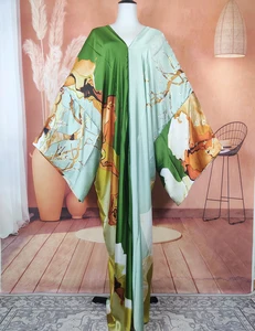 New Fashion Europe Women Outfits Long Printed V-Neck Dress Oversize African Lady Party Long Sleeve SIlk  Kaftan Abaya