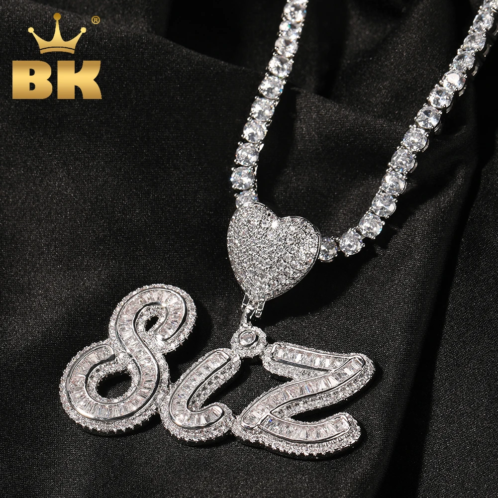 THE BLING KING Custom Baguette Script Name Pendant With Heart Clasp Necklace Iced Out Cubic Zirconia Necklace Hiphop Jewelry