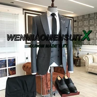 dark grey mens suit business formal jacket set 3 piece wedding tuxedo point lapel slim fit blazer pants vest costume homme