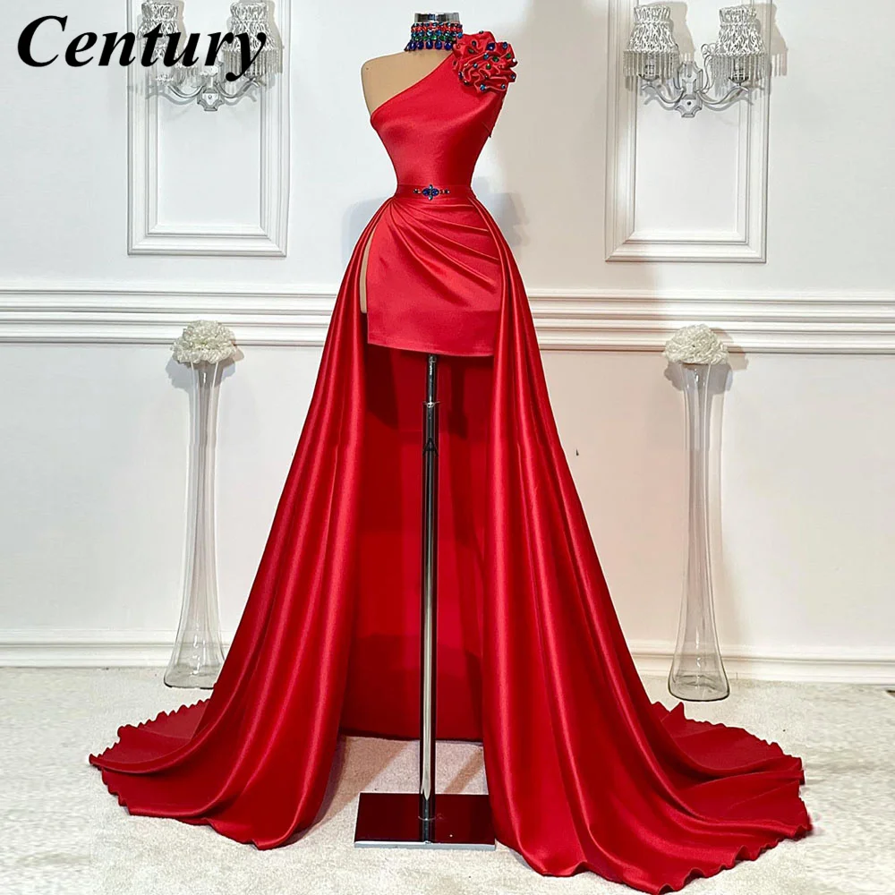 

Century Beaded Collar Red Prom Dress High Low Asymmetric High-low Party Dress Custom Made Satin Masquerade Gown Customized