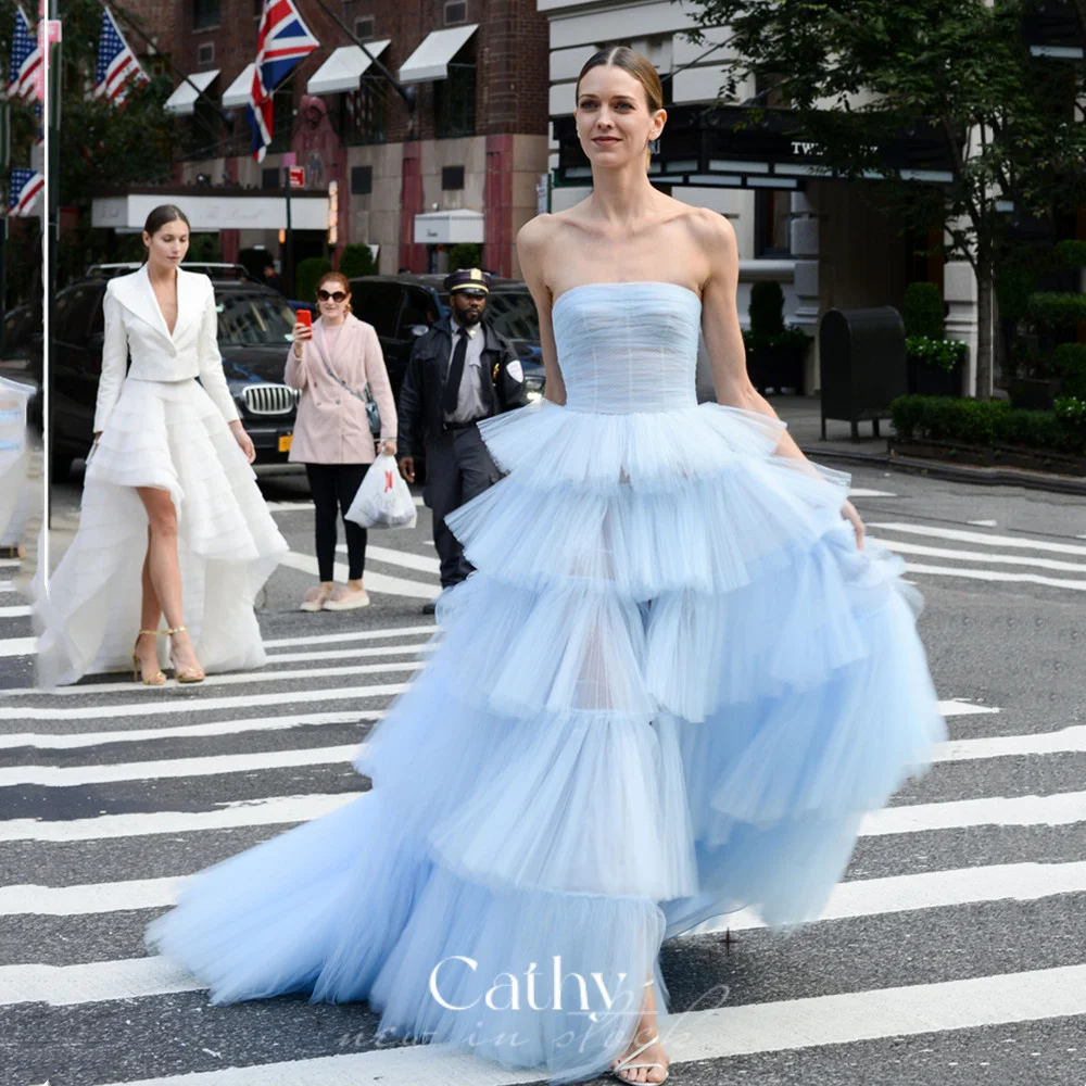 

Женское платье на выпускной Cathy Baby, голубое вечернее платье без бретелек с разрезом сбоку, многослойное платье со шлейфом