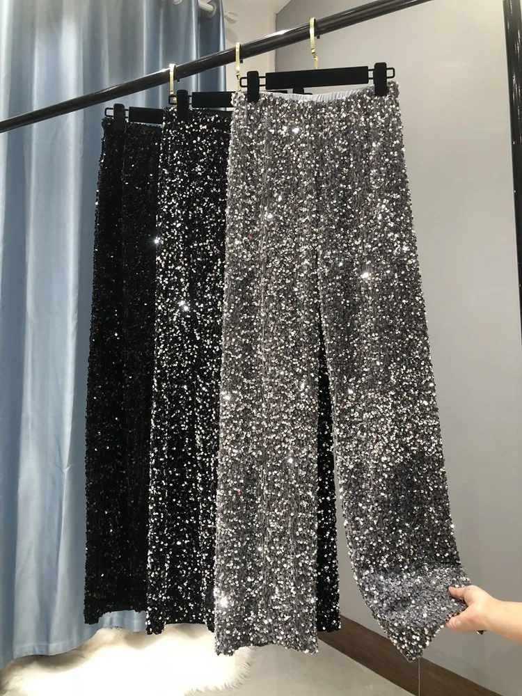 

Women's Fashion Trendy Sparkling Pants Relaxation of Tall Waist Wide-legged Sequin Pants Ladies Party Club Glittering Pants