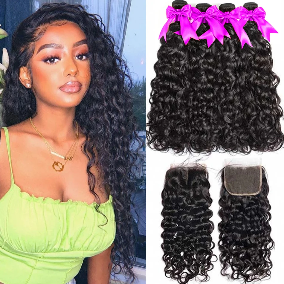 

Malaysian Virgin Human Hair Water Wave Bundles With Closure 100% Unprocessed Wet and Wavy Curly Ocean Wave Weave Hair Extension