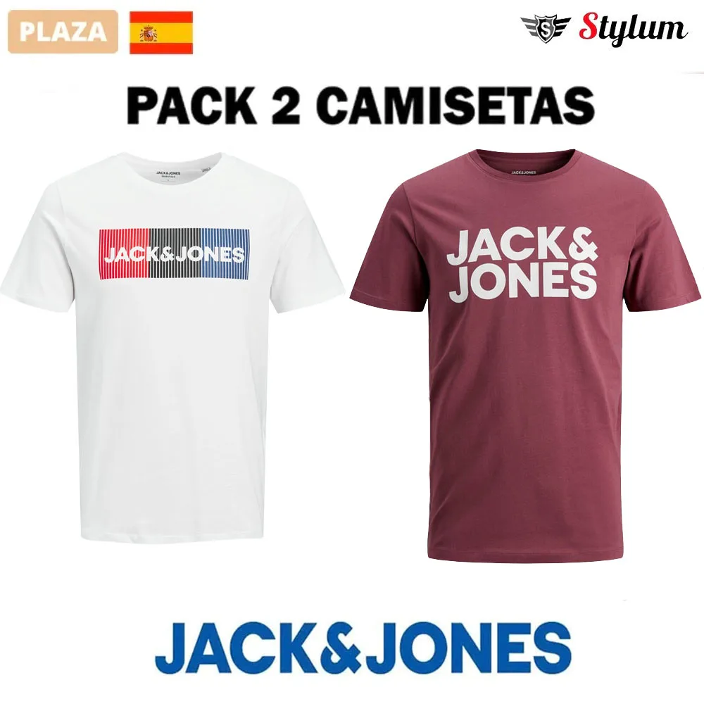 Jack & Jones mens Pack 2 T-shirts, 100% cotton thin ideal summer, Classic series Logo print fashion Casual FIT SLIM FIT-shipping from Spain