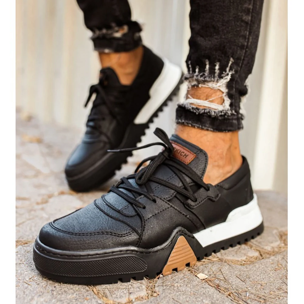 Men's Shoes Black Color Lace Up Artificial Leather Spring and Autumn Seasons 2023 Breathable Comfortable Casual Male Lightweight Sneakers Fabric Daily Canvas High Outsole Footwear Brown Detailed Solid 67