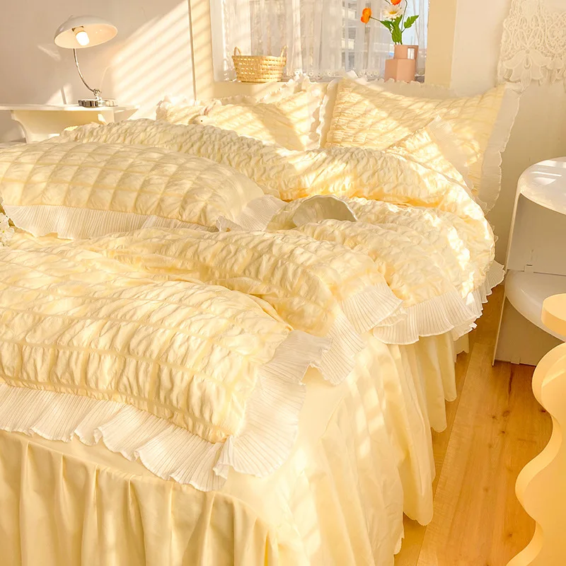 Kawaii принцесса Seersucker Комплект постельного белья для девушек из мытого хлопка в