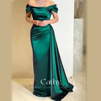 cathy elegant off the shoulder ball gown with detachable train neck short sleeve satin evening dresses vestidos de fiesta