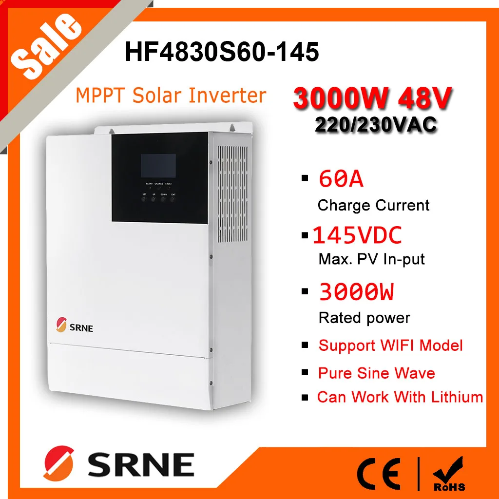 

SRNE 3000W 48V Off-Grid Solar Hybrid Inverter 145VDC Built-in MPPT 60A Solar Charge Controller 220V/230VAC with WiFi Module