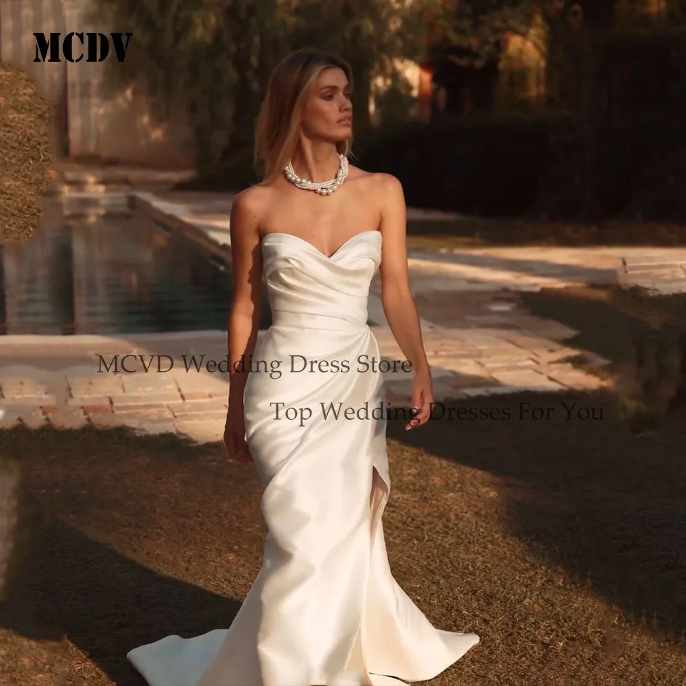 Фото MCDV Атласные свадебные платья со складками и русалкой 2025 года, свадебное платье в форме сердца с разрезом по бокам, элегантное платье невесты цвета слоновой кости на спине, по индивидуальному заказу №5