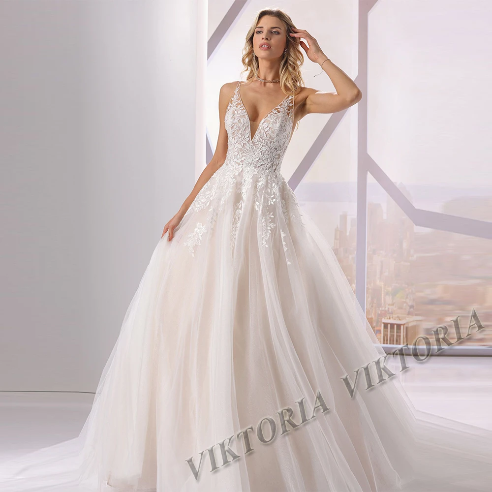 

VIKTORIA Pleasant White Wedding Dresses Sleeveless Sweetheart For Bride A-LINE Tulle Appliques Vestidos De Novia Made To Order