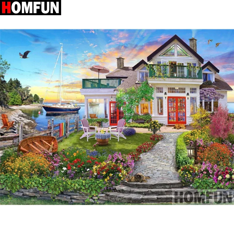 

Алмазная 3D картина HOMFUN «Пейзаж, дом, цветок», «сделай сам», Набор для вышивки крестиком, квадратная, круглая Алмазная вышивка