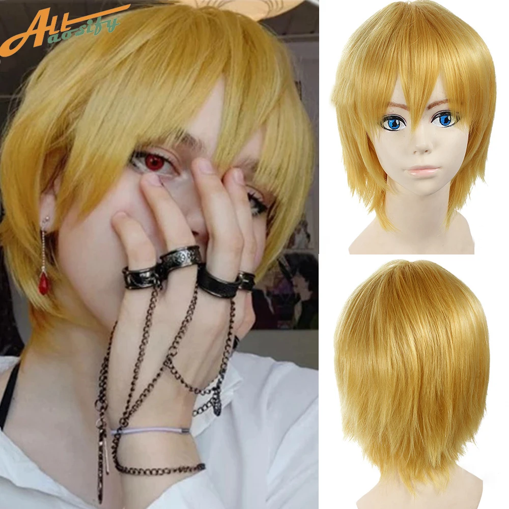 Synthetic Cosplay Wigs With Bangs Allaosify Hair Accessories Anime Short Straight Blonde Yellow Pink Women's Cosplay Lolita Wig