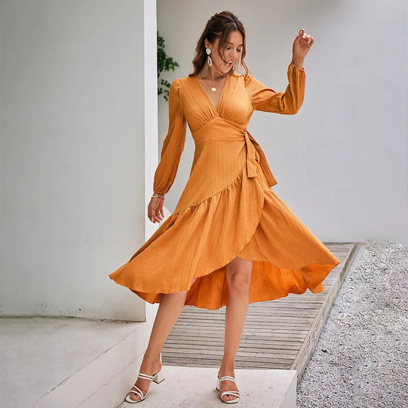 

New Elegant puff sleeve corset even sexy dress women Office long sleeves lace up wrap dress Chic ruffle v-neck midi vestido