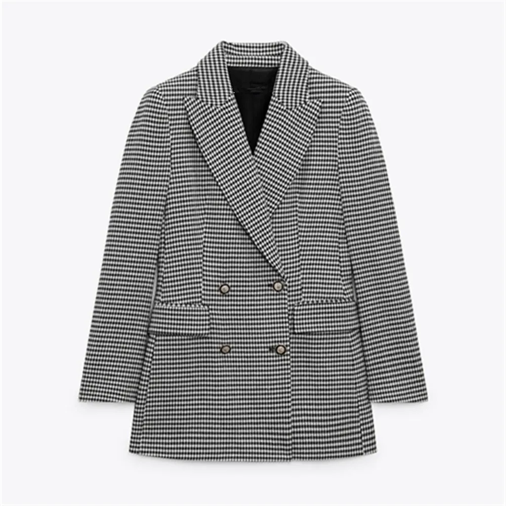 

PB&ZA autumn and winter new women's retro commuter lapel long-sleeved houndstooth double-breasted suit jacket 8326/112