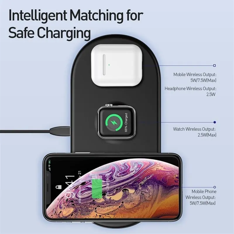 Фото Беспроводная зарядка Baseus Smart 3in1 Phone+Watch+Pods (18W MAX) Чёрная WX3IN1-01, WX3IN1-C01 №4