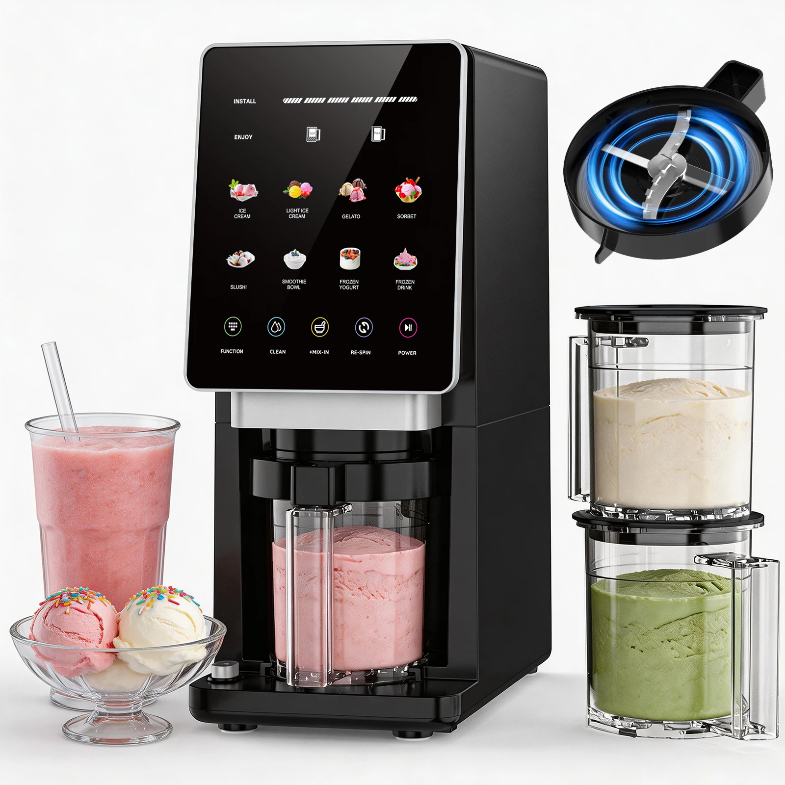Teendow KF-2501U1 Ice Cream Maker with 8 Preset Programs, Self-Cleaning, Mix-In & Re-Spin Functions, Home Countertop Model for RVs, Trucks, Cars, Outdoors, and Family Use