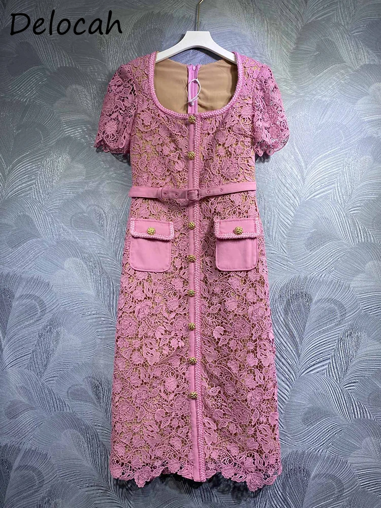 

Seifrmann High Quality Autumn Women Fashion Runway Party Long Dress Short Sleeve With Belt Lace Cutout Pink Print Loose Dresses