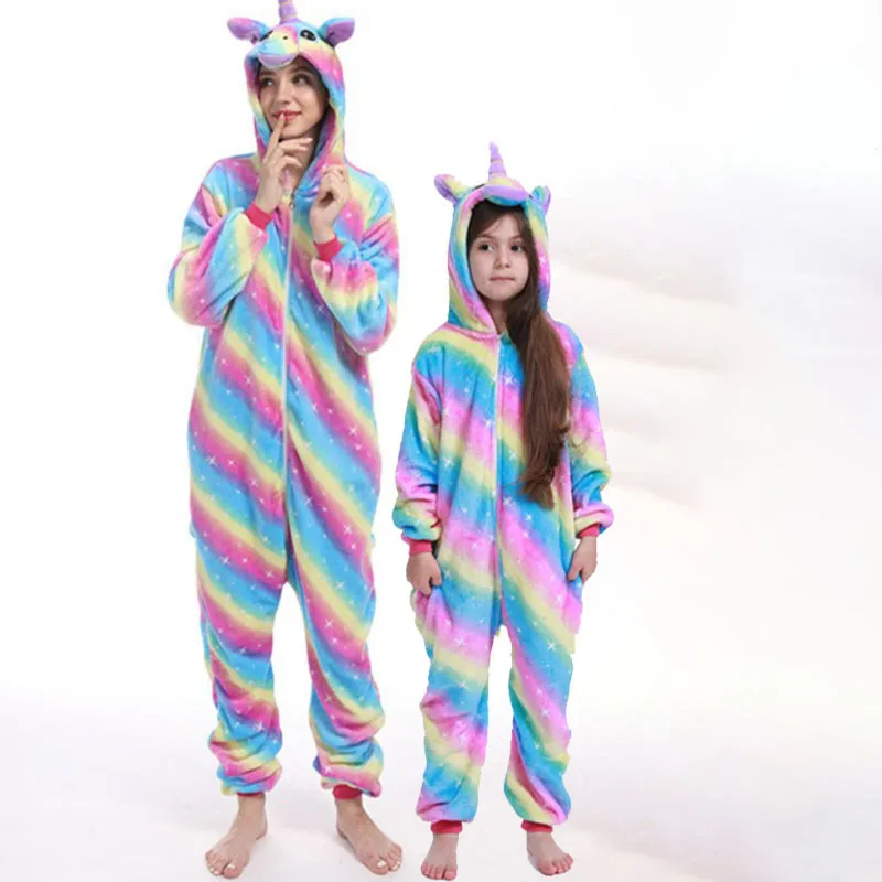 Family Kigurumi Pajamas Blue Stripes Rainbow Stars Unicorn Onesie Cosplay Costume Pajamas For Kids and Adults