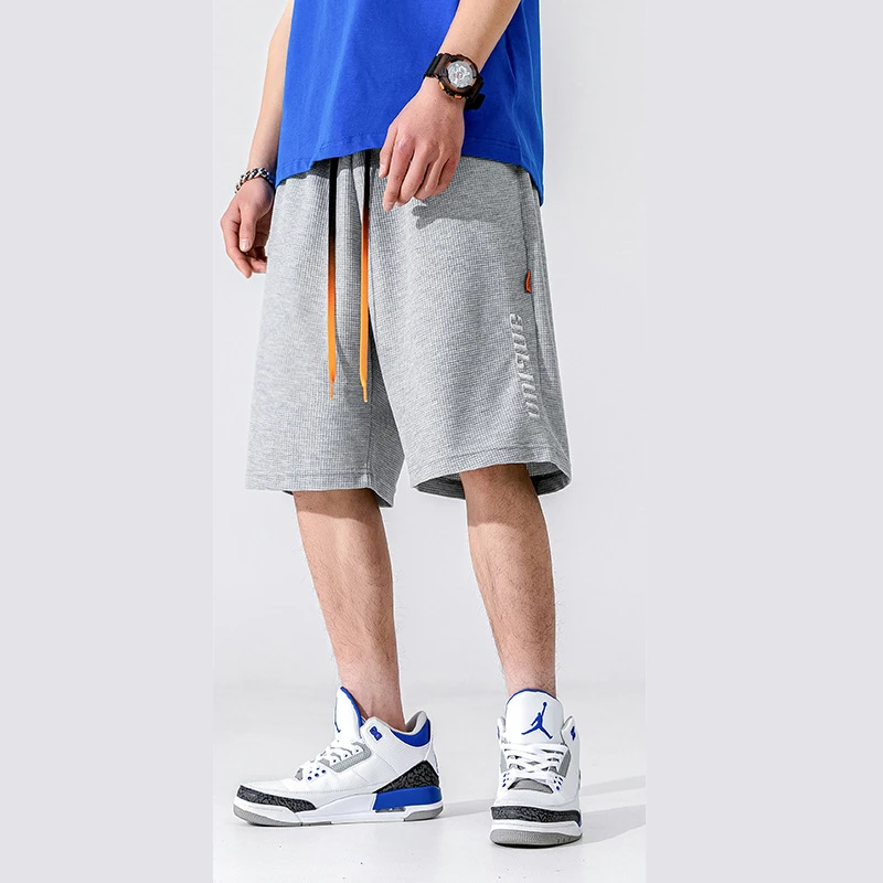 

Japanese Harajuku Streetwear Hip Hop Oversize Embroidered Waffle Drawstring Men's Summer Running Sports Basketball Shorts