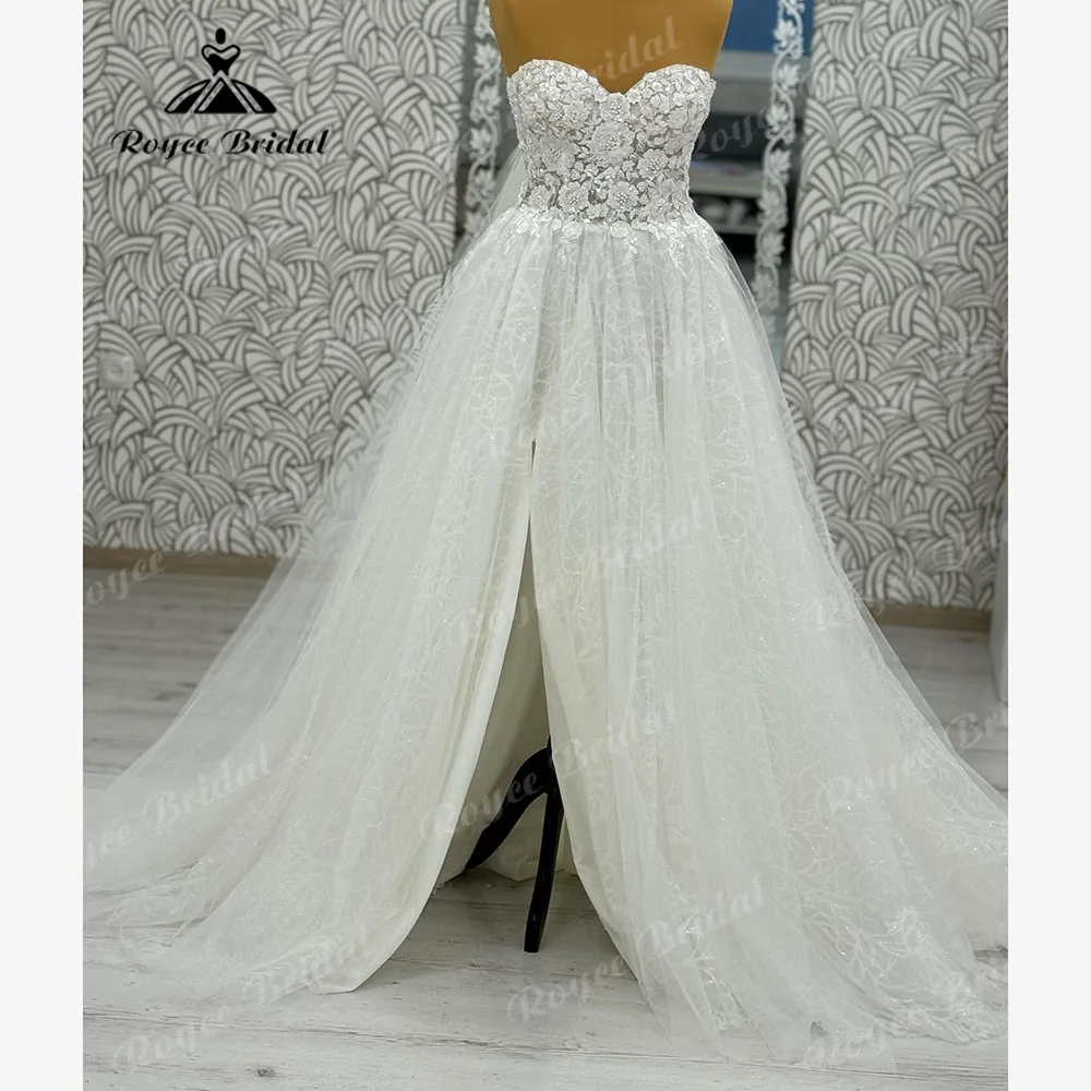 Женское свадебное платье с открытыми плечами романтичное кружевное разрезом