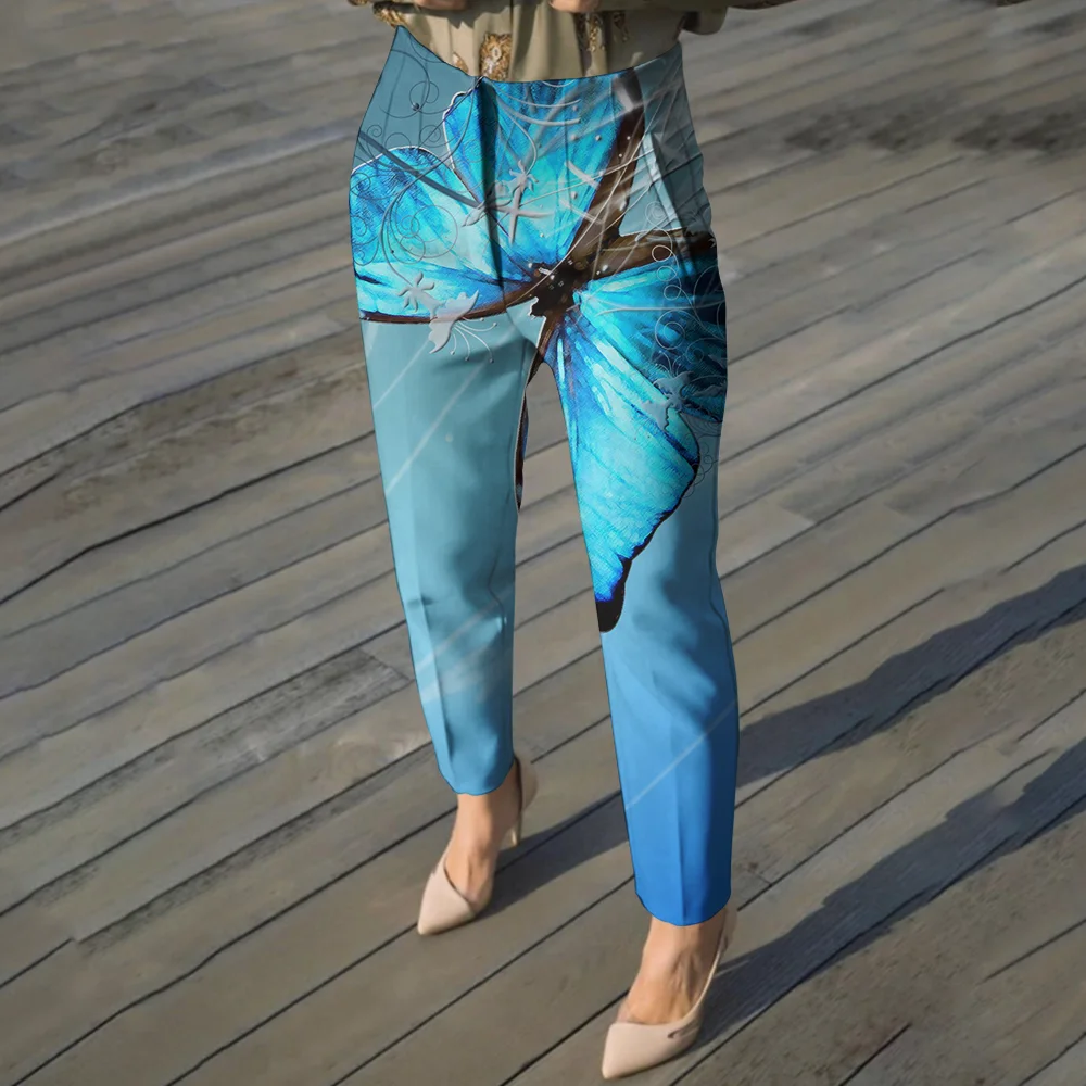 

Women Y2k Long Pants Fashion Butterfly Flowers Chic Office Wear Female Trend Streetwear Pants Casual Floral High Waist Trousers