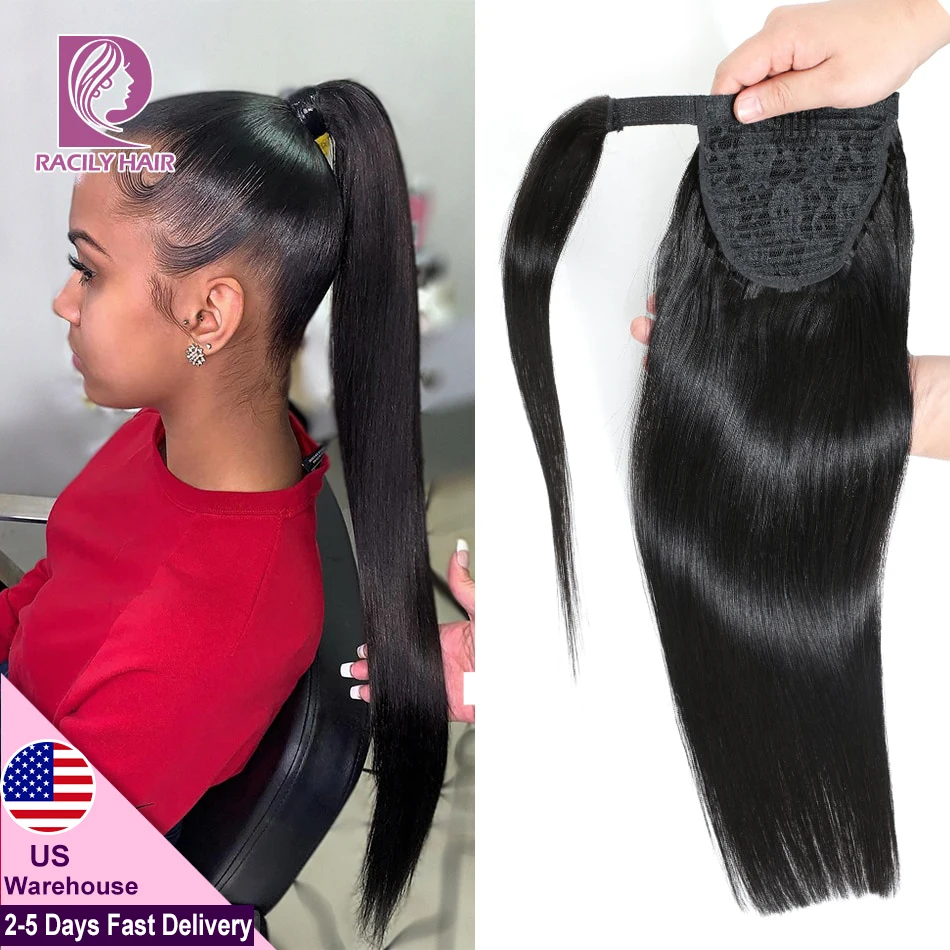 Racily Hair Straight Drawstring Ponytail Human Hair Brazilian Clip In Hair Extensions Remy Ombre Wrap Around Ponytail 4 Colors