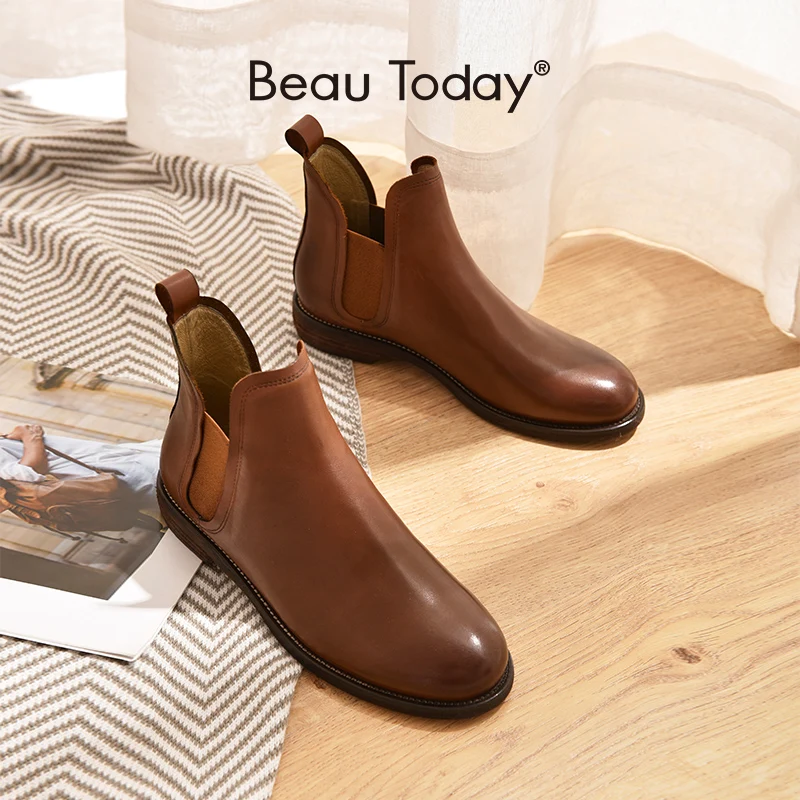 

BeauToday Chelsea Ankle Boots Women Genuine Calfskin Retro Waxing Round Toe Elastic Bands Autumn Ladies Shoes Handmade 03602