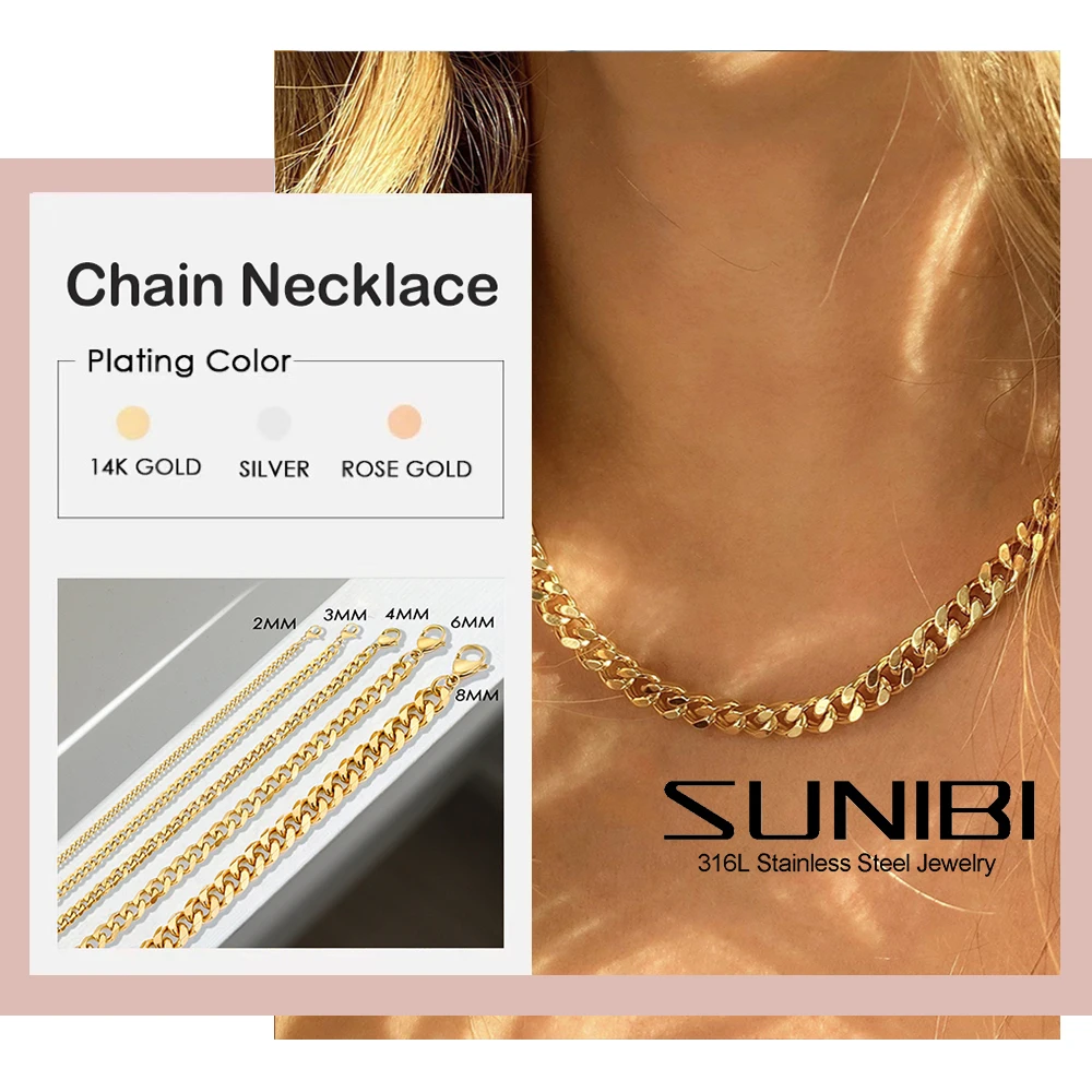 

2/3/4/6/8mm Cuban Link Chain Necklace for Women Basic Punk Stainless Steel Gold Silver Plated Choker Colar Necklace Jewelry Gift