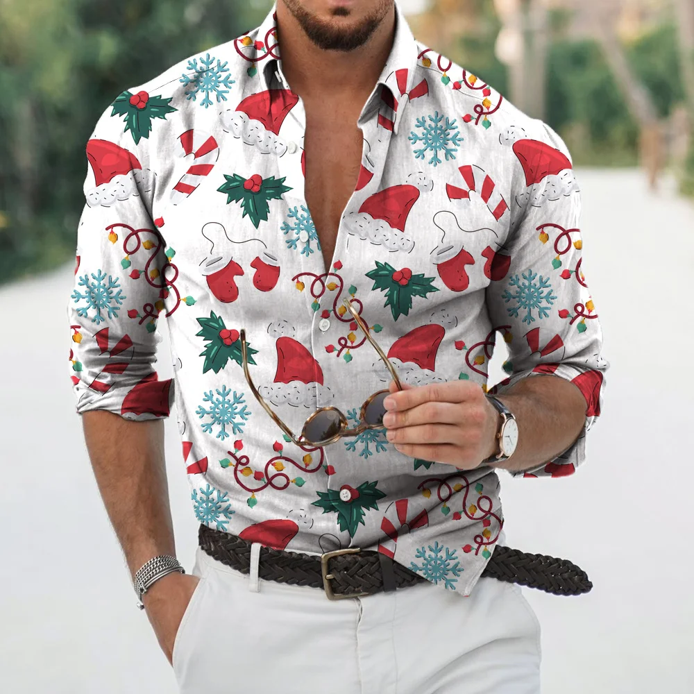 Men's long sleeved shirt Christmas shirt Banquet holiday snowflake print top Fashion cartoon Christmas men's long sleeved shirt